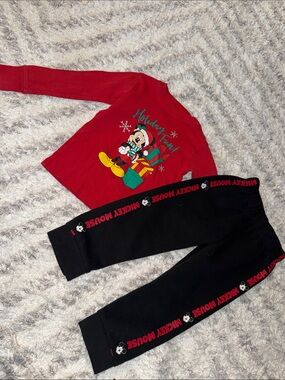 2T Disney Red Mickey Holiday Tee with Black Mickey Joggers